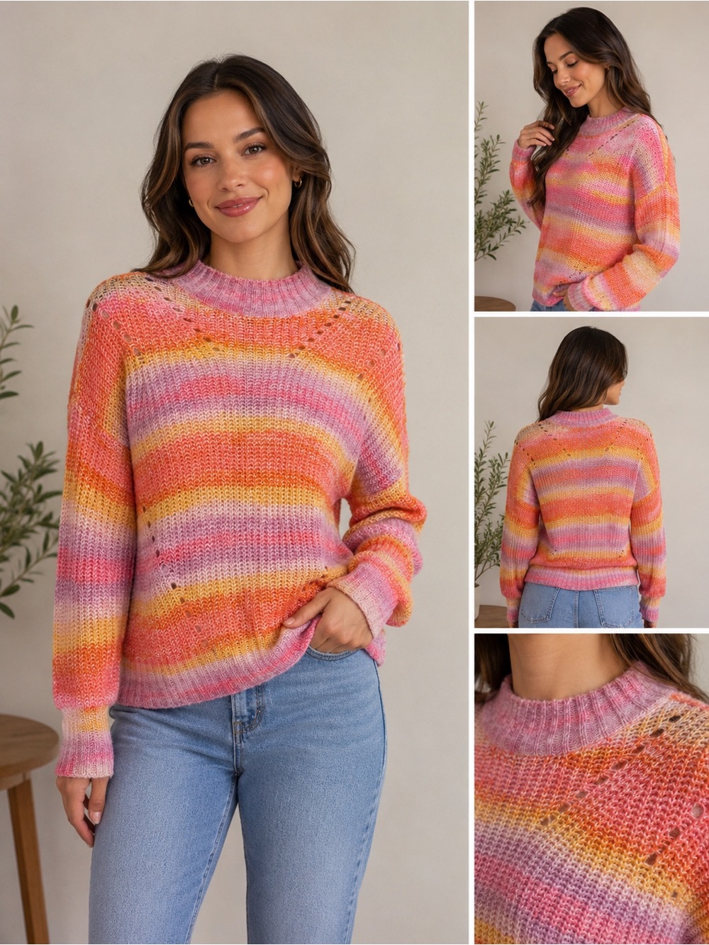 Hooked Up by IOT Pink, Orange & Yellow Striped Crewneck Sweater